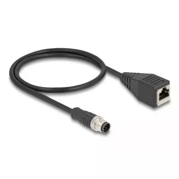 Tinklo kabelis DeLOCK M12 kabelis A koduotas 8 kontaktų kištukas į RJ45 lizdą Cat5e 0,5 m juodas