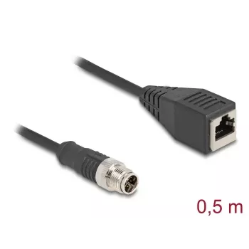 Tinklo kabelis DeLOCK M12 kabelis X-koduotas 8 kontaktų kištukas į RJ45 lizdą Cat5e 0,5 m juodas