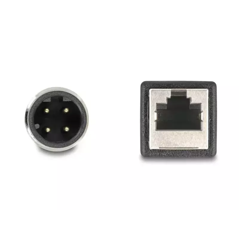 Dekock tinklo kabelis M12, D koduotas, 4 kontaktų kištukas į RJ45 lizdą, Cat5e, 0,5 m, juodas