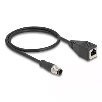 Dekock tinklo kabelis M12, D koduotas, 4 kontaktų kištukas į RJ45 lizdą, Cat5e, 0,5 m, juodas