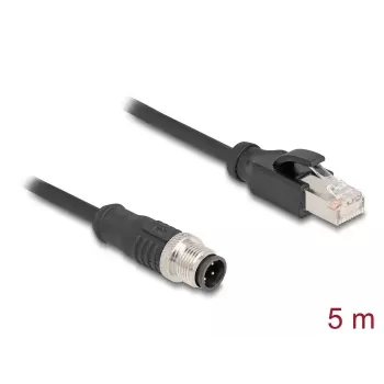 Tinklo kabelis DeLOCK M12, D koduotas, 4 kontaktų, kištukas – RJ45 kištukas, Cat5e, 5 m, juodas