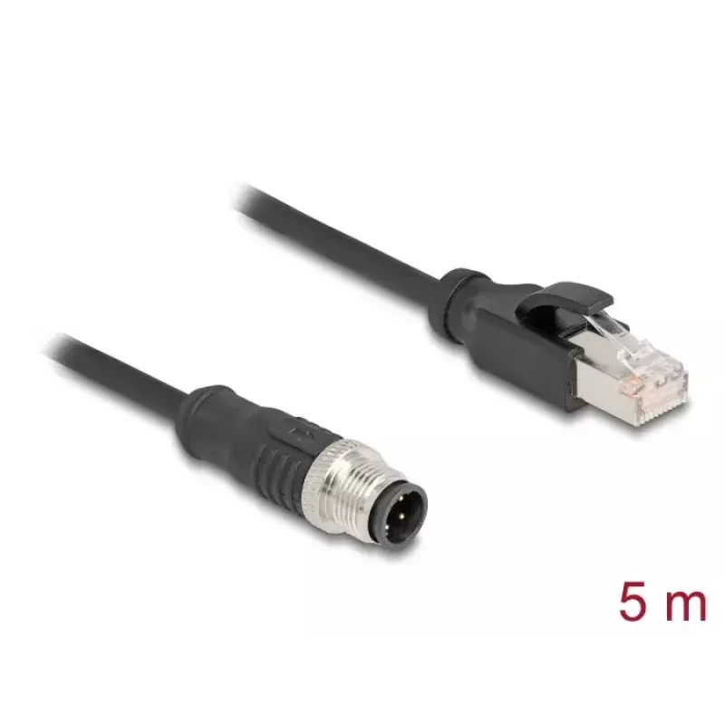 Tinklo kabelis DeLOCK M12, D koduotas, 4 kontaktų, kištukas – RJ45 kištukas, Cat5e, 5 m, juodas