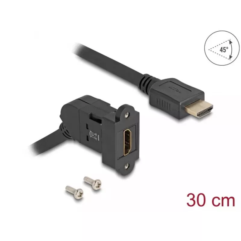 DeLOCK HDMI panel mount female 45° kampuotas to HDMI male 30 cm kabelis 8K 60 Hz juoda