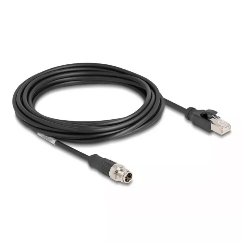 Tinklo kabelis DeLOCK M12 kabelis X-coded 8 kontaktų kištukas į RJ45 kištuką Cat5e 5 m juodas