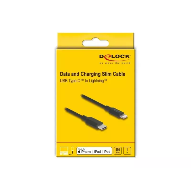 Laidas DELOCK USB-C į Lightning plonas 1 m, Lightning ↔ USB-C, 9 V 3 A, 3,3 mm, MFi