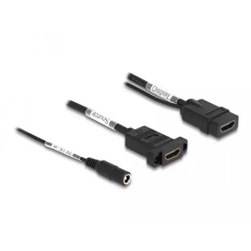 DeLOCK HDMI kabelis 4K 60 Hz su DC maitinimu 2,1 x 5,5 mm 0,30 m montuojamas panele