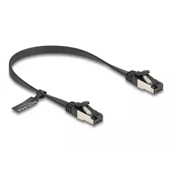 Tinklo kabelis DeLOCK RJ45 plokščias pataisų kabelis kištukas–kištukas Cat.8.1 0,25 m juodas