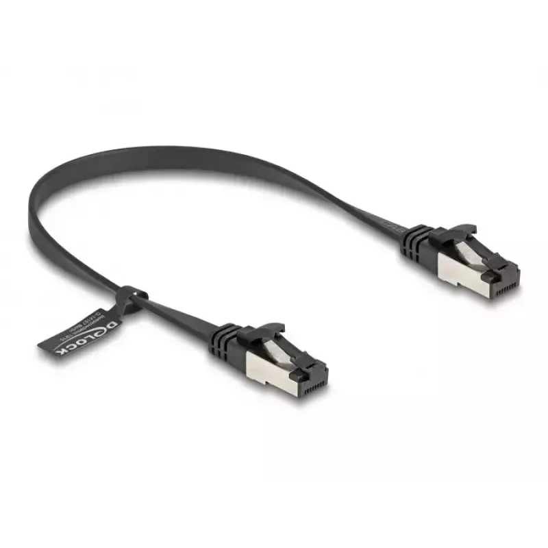 Tinklo kabelis DeLOCK RJ45 plokščias pataisų kabelis kištukas–kištukas Cat.8.1 0,25 m juodas