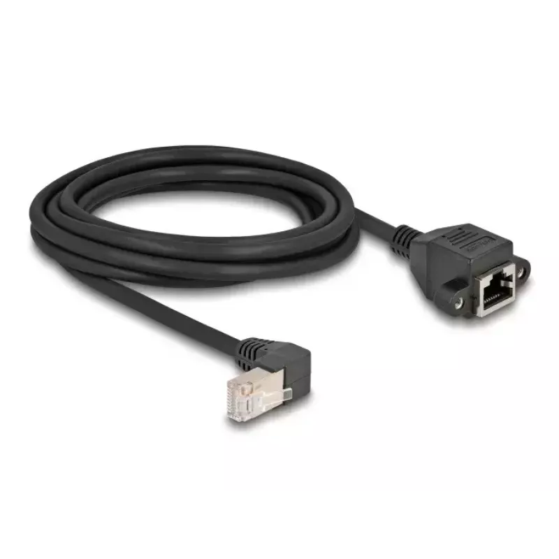 DeLOCK tinklo prailginimo kabelis S/FTP RJ45 90° kampuotas prie RJ45 Cat.6A 3 m juodas