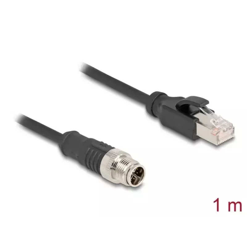 Tinklo kabelis DeLOCK M12 X-koduotas 8 kontaktų kištukas į RJ45 kištuką Cat5e 1 m Juodas