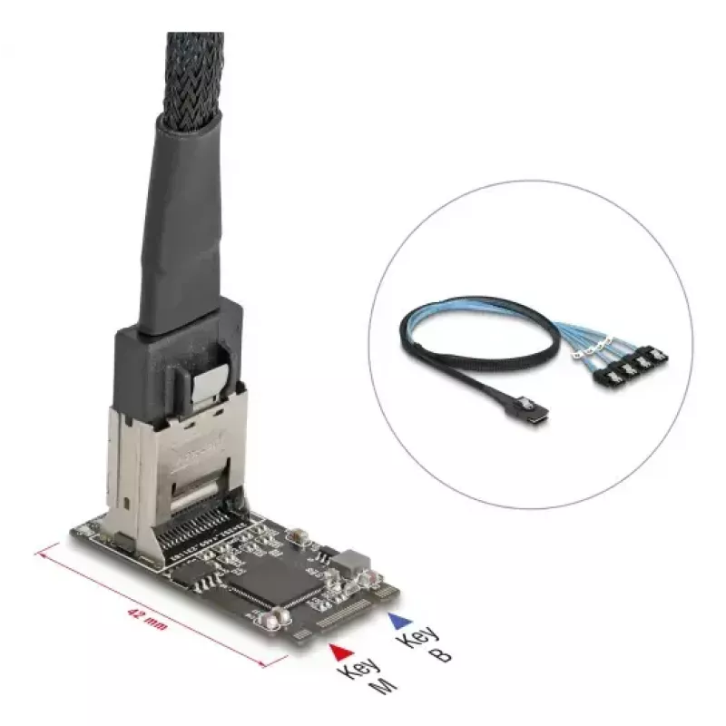 DELOCK vidinė M.2 į Mini-SAS adapterio kortelė 64260, M.2 priegloba, Mini-SAS išvestis, JMicron JMB585, juoda, LED