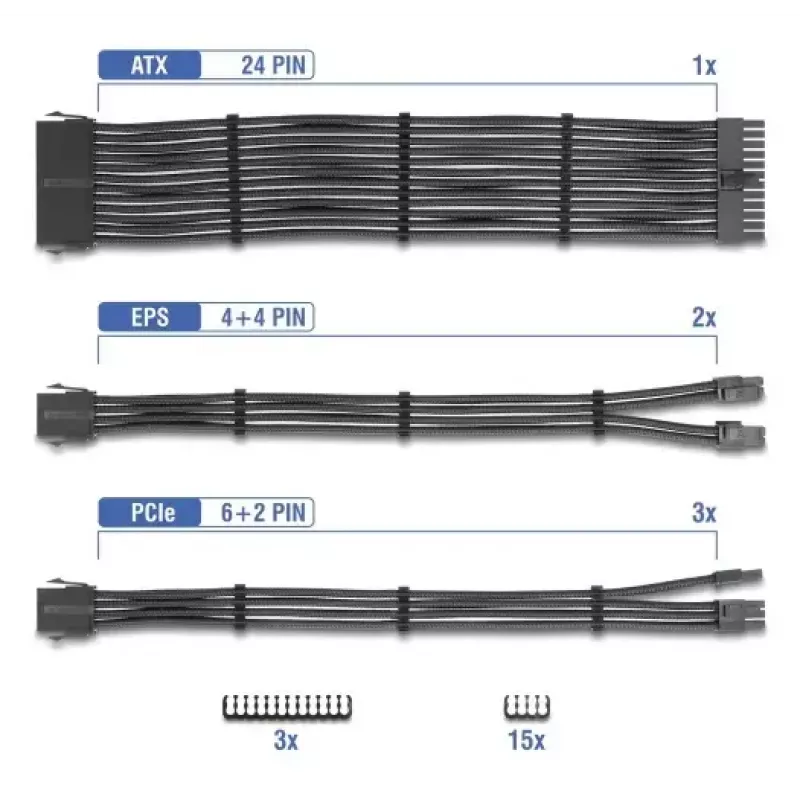 DELOCK Maitinimo Bloko Prailginimo Kabelių Rinkinys 30 cm, 6 dalių, aptrauktas (1×24‑kontaktų ATX, 2×4+4‑kontaktų EPS, 3×6+2‑kontaktų PCIe) juodas