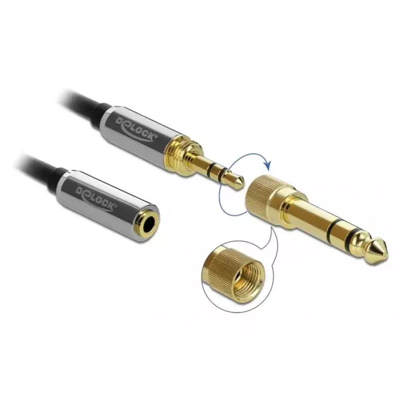 Garso ilginimo laidas DELOCK 85834 — 3,5 mm kištukas į 3,5 mm lizdą, paauksuoti kontaktai, 5 m, juodas