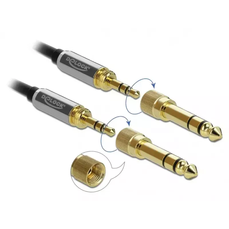 Audio laidas DELOCK 85836 — 1 m, 3,5 mm kištukas–kištukas, paauksuoti kontaktai, AWG 28, juodas