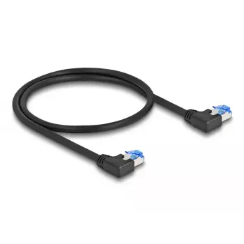 Tinklo kabelis DeLOCK RJ45 Cat.6A S/FTP su kairiuoju kampu 0,5 m juodas