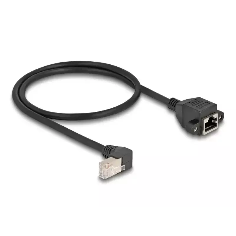 DeLOCK tinklo ilginimo laidas S/FTP RJ45 90° kampuotas į RJ45 Cat.6A 0,5 m juodas