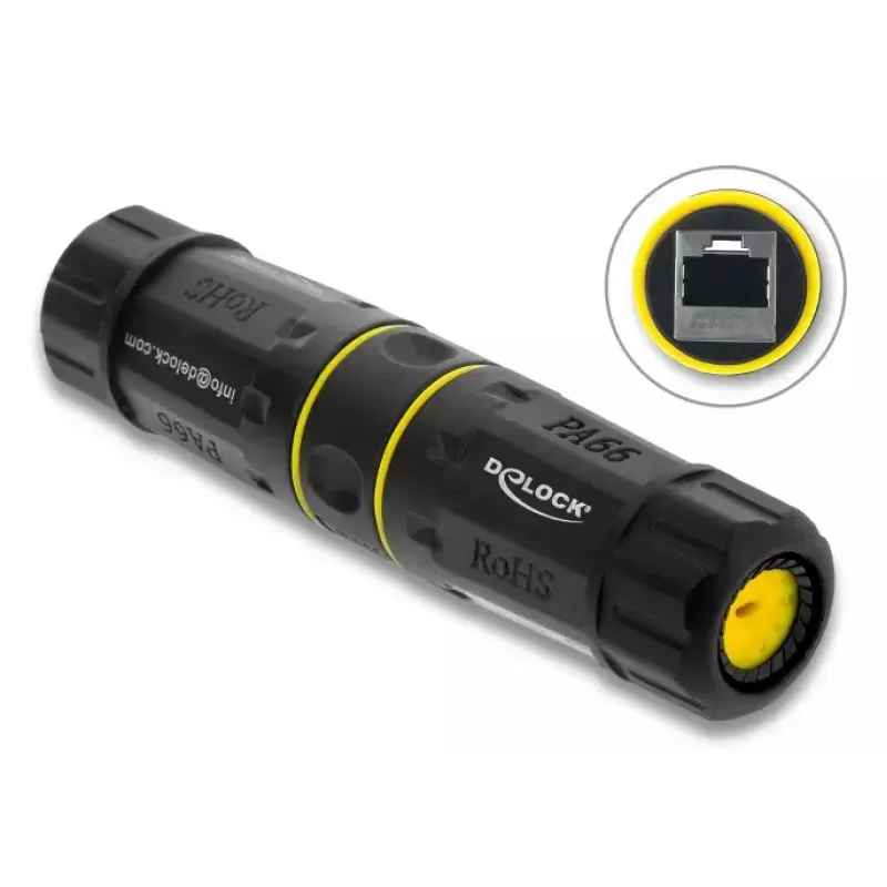 DELOCK RJ45 lizdo į RJ45 lizdą jungties adapteris su M23 sriegiu, skirtas Cat.6a/Cat.7, IP68, juodas
