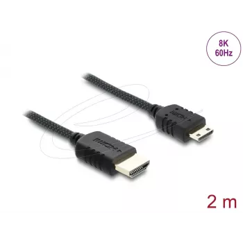 HDMI laidas DELOCK 81688 — 2 m, HDMI A tipo (kištukas) į HDMI C tipo (Mini, kištukas), 48 Gbit/s, iki 7680×4320, paauksuoti kontaktai, juodas