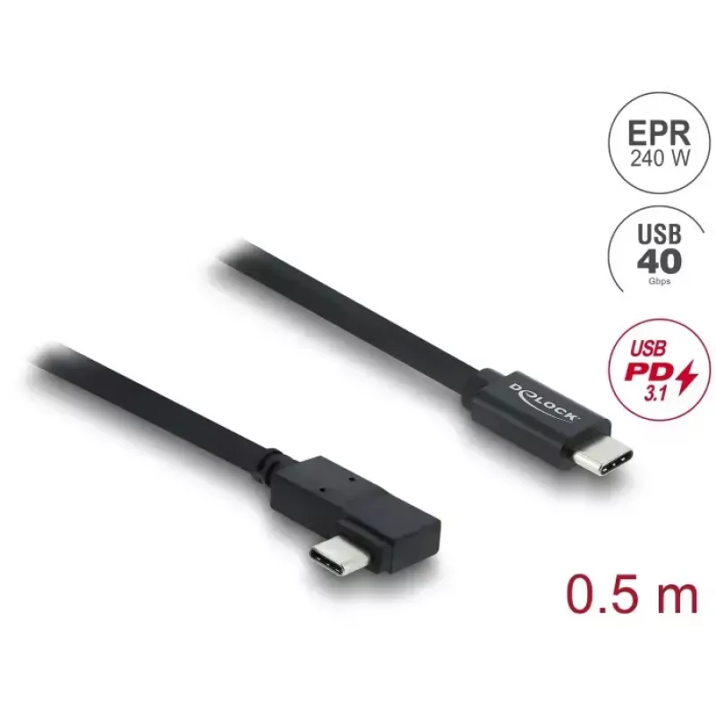 DELOCK bendraašis USB4 Gen 3x2 laidas kampuotas kairėn/dešinėn USB-C į USB-C 40 Gbps USB PD 3.1 240 W 0.5 m