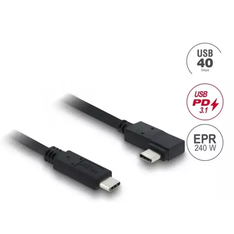 DELOCK bendraašis USB4 Gen 3x2 laidas USB-C į USB-C 40 Gbps PD 3.1 240 W kampuotas kairysis/dešinysis 1 m
