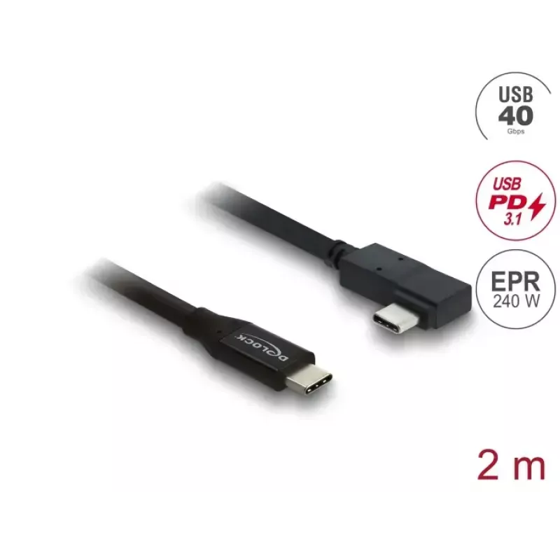 Kabelis DELOCK bendraašis USB4 Gen 3x2 40 Gbps USB-C į USB-C kampinis kairėn/dešinėn PD 3.1 240 W 2 m