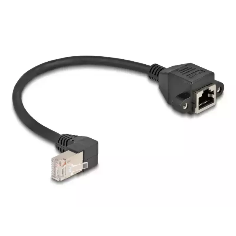 DeLOCK tinklo ilginimo kabelis S/FTP RJ45 90° kampuotas į RJ45 Cat.6A 0,25 m juodas