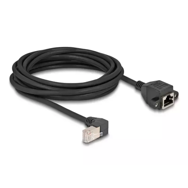 DeLOCK tinklo ilginimo kabelis S/FTP RJ45 90° kampuotas į RJ45 Cat.6A 5 m juodas