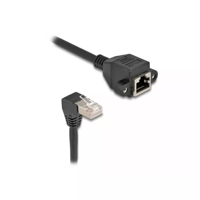 DeLOCK tinklo ilginimo kabelis S/FTP RJ45 90° kampuotas į RJ45 Cat.6A 5 m juodas