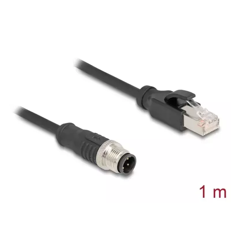 Tinklo kabelis DeLOCK M12, D koduotas 4 kontaktų kištukas – RJ45 kištukas, Cat5e, 1 m, juodas