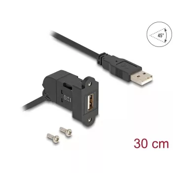DeLOCK USB 2.0 Type-A skydinio montavimo lizdas, 45° kampu, į Type-A kištuką, 30 cm laidas, juodas
