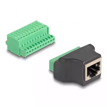 DeLOCK RJ50 moteriška jungtis prie gnybtų bloko adapterio su mygtukiniu 11 kontaktų gnybtų bloku