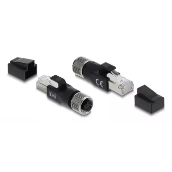 DELOCK M12 D-koduotas adapteris 4 kontaktų lizdas į RJ45 kištuką, auksiniai kontaktai, juodas