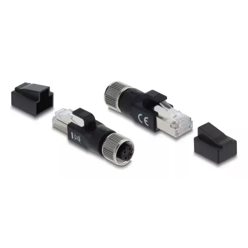 DELOCK M12 D-koduotas adapteris 4 kontaktų lizdas į RJ45 kištuką, auksiniai kontaktai, juodas