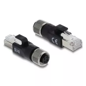 DELOCK M12 D-koduotas adapteris 4 kontaktų lizdas į RJ45 kištuką, auksiniai kontaktai, juodas