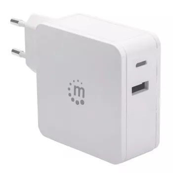 Manhattan sieninis / maitinimo įkroviklis (Euro 2 kontaktų), USB-C ir USB-A prievadai, USB-C išvestis: 45W / 3A, USB-A išvestis: 2.4A, balta, trejų metų garantija, dėžutėje