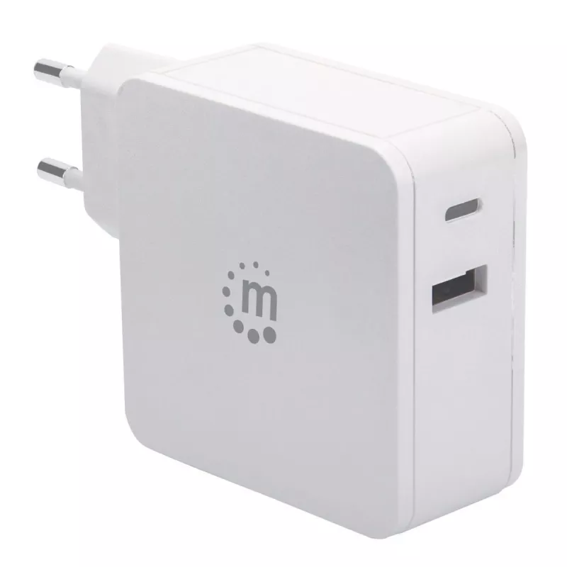 Manhattan sieninis / maitinimo įkroviklis (Euro 2 kontaktų), USB-C ir USB-A prievadai, USB-C išvestis: 45W / 3A, USB-A išvestis: 2.4A, balta, trejų metų garantija, dėžutėje