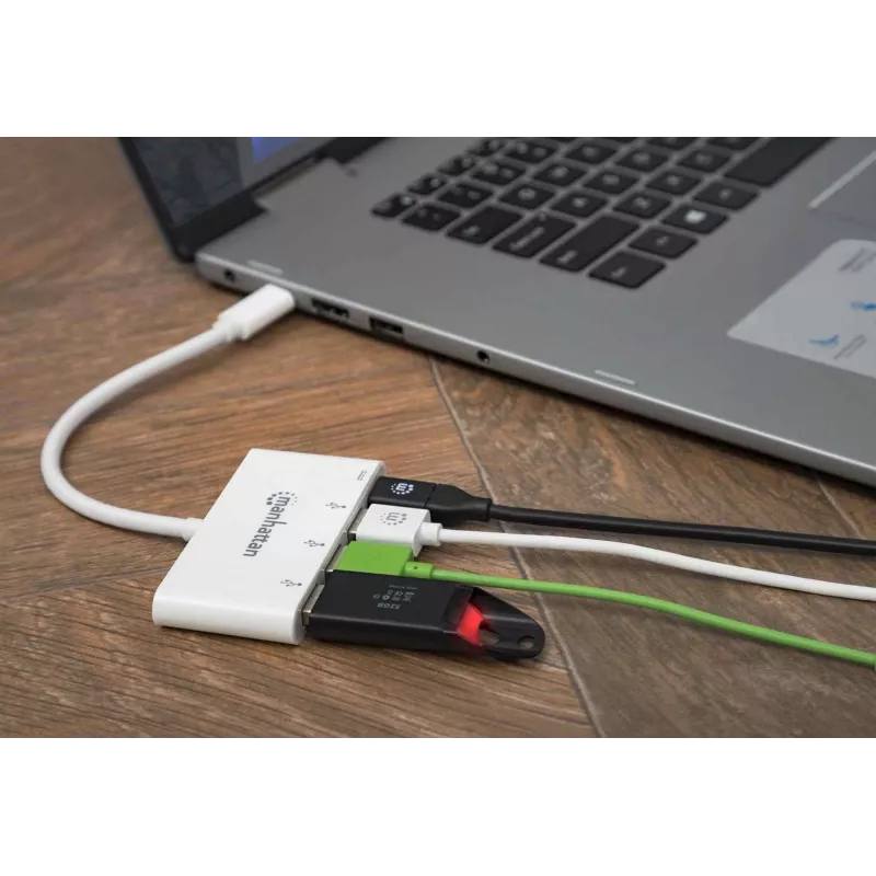 Manhattan USB-C dokas / šakotuvas, prievadai (x4): USB-A (x3) ir USB-C, 5 Gb/s (USB 3.2 Gen1, dar vadinama USB 3.0), su maitinimo tiekimu (60 W) į USB-C prievadą (pastaba: reikia papildomo USB-C sieninio įkroviklio ir USB-C kabelio), universalus visiems įrenginiams, „SuperSpeed USB“, 3 metų garantija