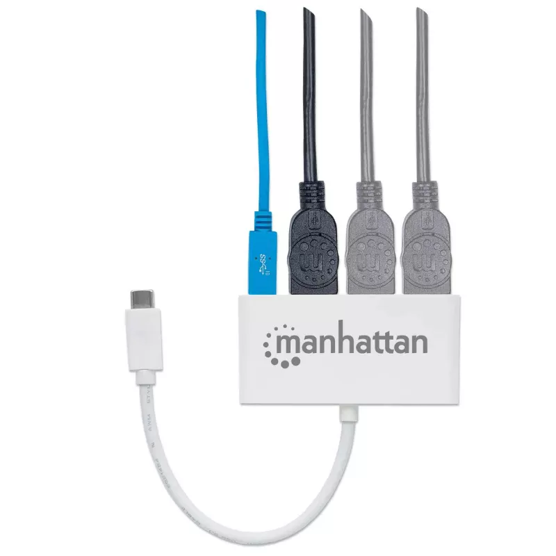 Manhattan USB-C dokas / šakotuvas, prievadai (x4): USB-A (x3) ir USB-C, 5 Gb/s (USB 3.2 Gen1, dar vadinama USB 3.0), su maitinimo tiekimu (60 W) į USB-C prievadą (pastaba: reikia papildomo USB-C sieninio įkroviklio ir USB-C kabelio), universalus visiems įrenginiams, „SuperSpeed USB“, 3 metų garantija