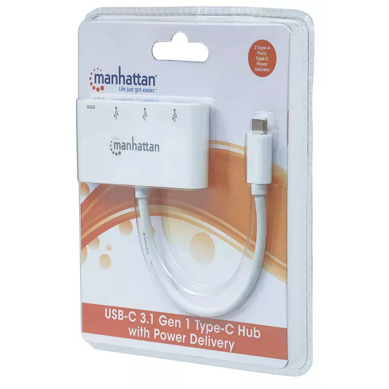 Manhattan USB-C dokas / šakotuvas, prievadai (x4): USB-A (x3) ir USB-C, 5 Gb/s (USB 3.2 Gen1, dar vadinama USB 3.0), su maitinimo tiekimu (60 W) į USB-C prievadą (pastaba: reikia papildomo USB-C sieninio įkroviklio ir USB-C kabelio), universalus visiems įrenginiams, „SuperSpeed USB“, 3 metų garantija