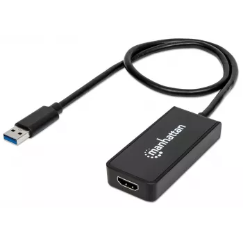 Manhattan USB-A į HDMI adapterio kabelis, 60 cm, kištukas į lizdą, 5 Gbps (USB 3.2 Gen1, dar žinomas kaip USB 3.0), 2560x1440 @ 32 bitų spalvos, Full HD vaizdas 1080p@16:9, juodas, lizdinė pakuotė