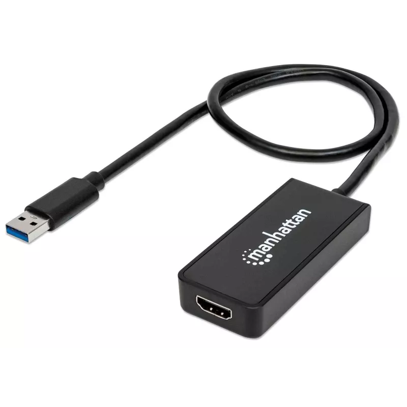 Manhattan USB-A į HDMI adapterio kabelis, 60 cm, kištukas į lizdą, 5 Gbps (USB 3.2 Gen1, dar žinomas kaip USB 3.0), 2560x1440 @ 32 bitų spalvos, Full HD vaizdas 1080p@16:9, juodas, lizdinė pakuotė