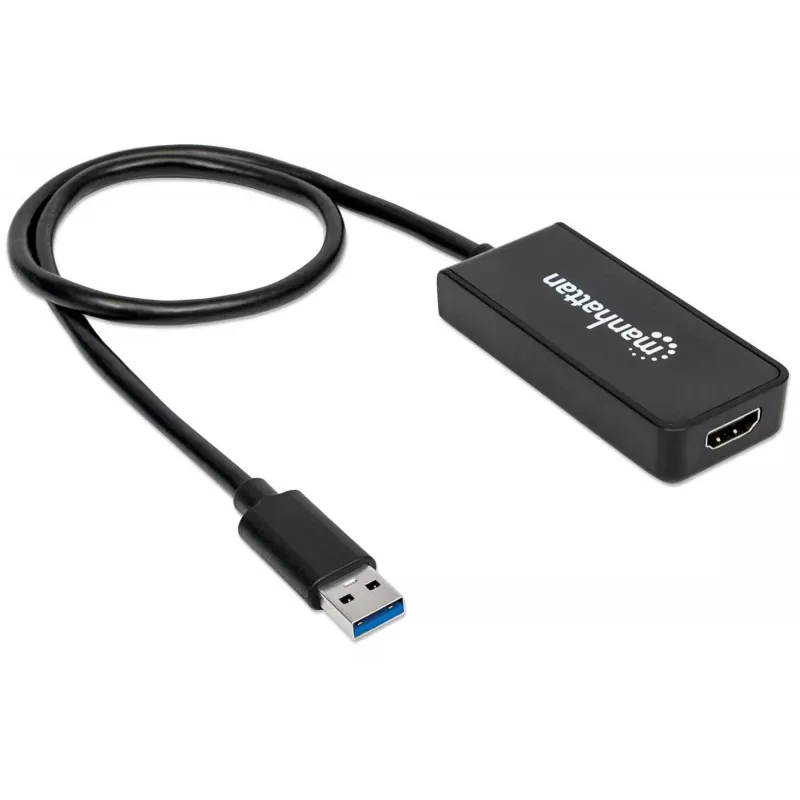 Manhattan USB-A į HDMI adapterio kabelis, 60 cm, kištukas į lizdą, 5 Gbps (USB 3.2 Gen1, dar žinomas kaip USB 3.0), 2560x1440 @ 32 bitų spalvos, Full HD vaizdas 1080p@16:9, juodas, lizdinė pakuotė