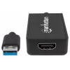 Manhattan USB-A į HDMI adapterio kabelis, 60 cm, kištukas į lizdą, 5 Gbps (USB 3.2 Gen1, dar žinomas kaip USB 3.0), 2560x1440 @ 32 bitų spalvos, Full HD vaizdas 1080p@16:9, juodas, lizdinė pakuotė