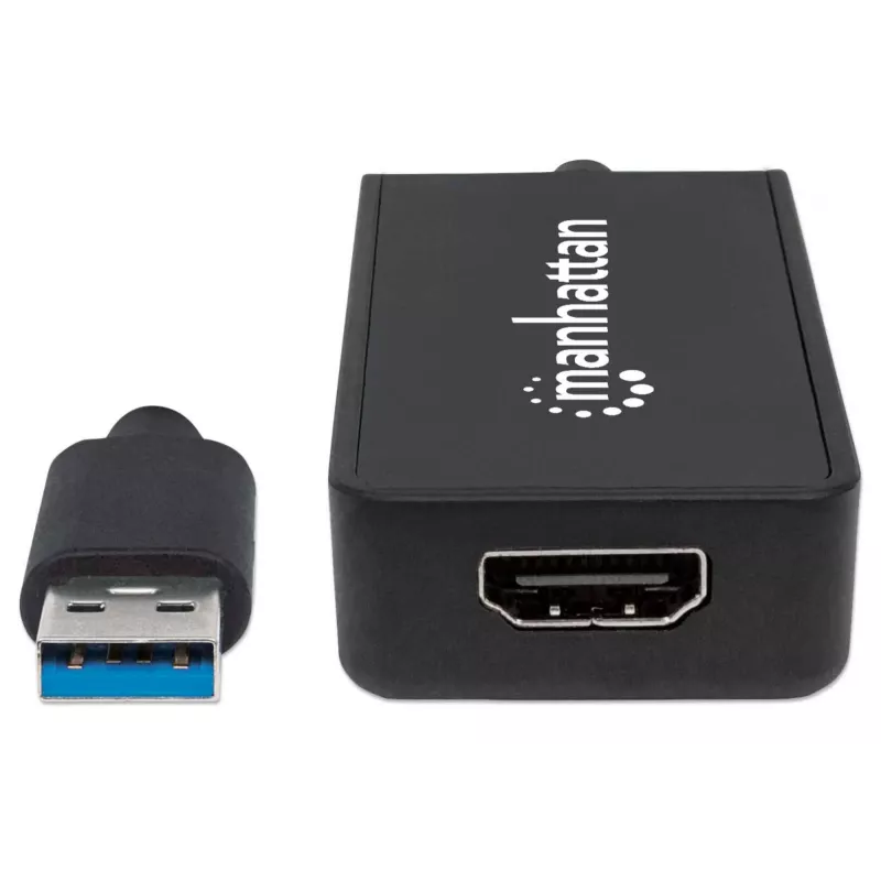 Manhattan USB-A į HDMI adapterio kabelis, 60 cm, kištukas į lizdą, 5 Gbps (USB 3.2 Gen1, dar žinomas kaip USB 3.0), 2560x1440 @ 32 bitų spalvos, Full HD vaizdas 1080p@16:9, juodas, lizdinė pakuotė