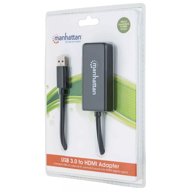 Manhattan USB-A į HDMI adapterio kabelis, 60 cm, kištukas į lizdą, 5 Gbps (USB 3.2 Gen1, dar žinomas kaip USB 3.0), 2560x1440 @ 32 bitų spalvos, Full HD vaizdas 1080p@16:9, juodas, lizdinė pakuotė