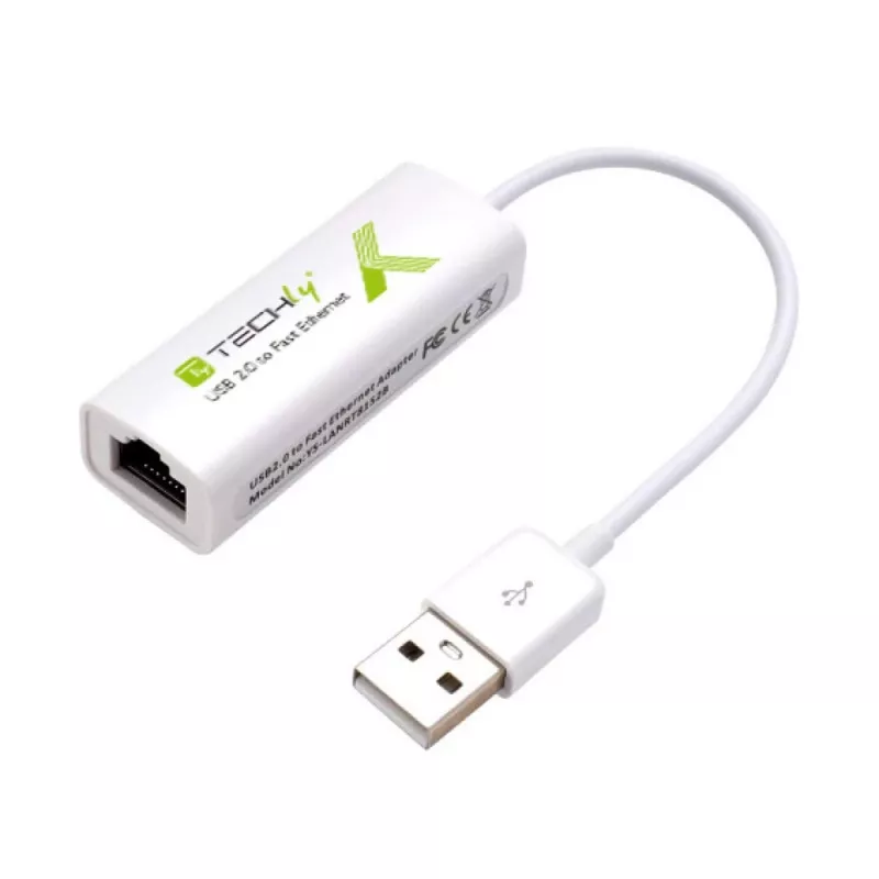Techly USB2.0 į „Fast Ethernet“ 10/100 Mbps keitiklis, laidinis, USB, Ethernet, 100 Mbit/s, baltas