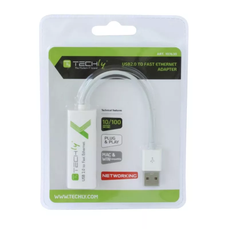 Techly USB2.0 į „Fast Ethernet“ 10/100 Mbps keitiklis, laidinis, USB, Ethernet, 100 Mbit/s, baltas