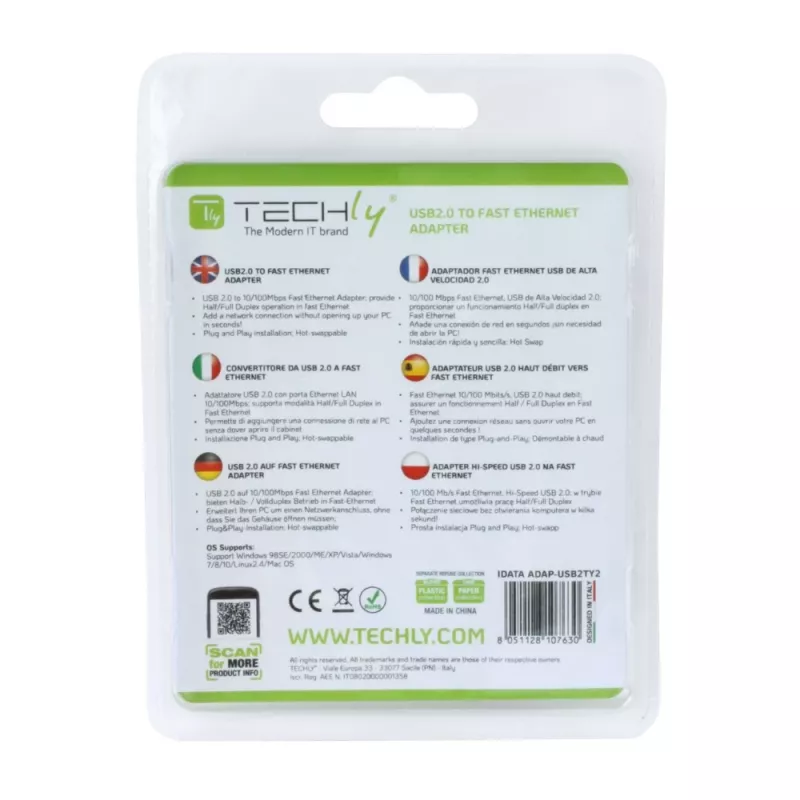 Techly USB2.0 į „Fast Ethernet“ 10/100 Mbps keitiklis, laidinis, USB, Ethernet, 100 Mbit/s, baltas