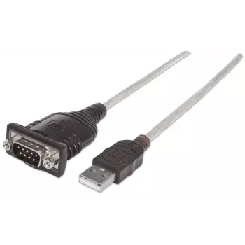 Manhattan USB-A į nuosekliosios sąsajos keitiklio laidas, 45 cm, kištukas–kištukas, nuoseklioji/RS232/COM/DB9, Prolific PL-2303HXD lustas, juodos/sidabrinės spalvos laidas, trejų metų garantija