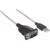 Manhattan USB-A į nuosekliosios sąsajos keitiklio laidas, 45 cm, kištukas–kištukas, nuoseklioji/RS232/COM/DB9, Prolific PL-2303HXD lustas, juodos/sidabrinės spalvos laidas, trejų metų garantija